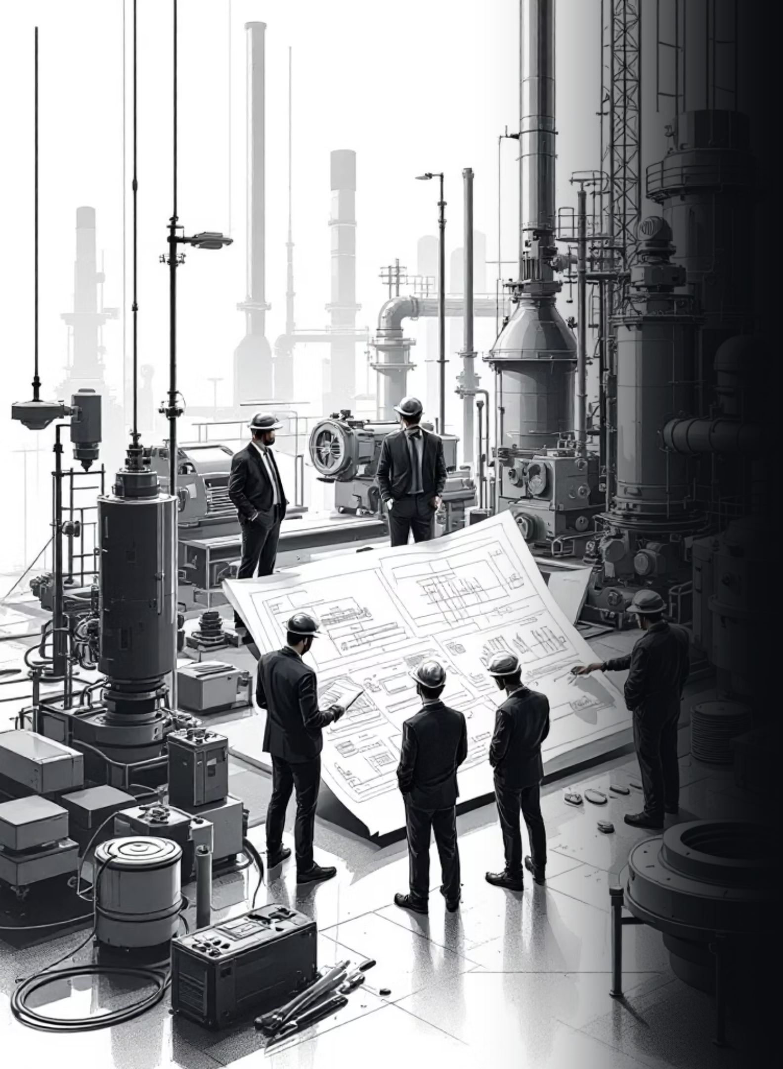 Ingenieros de SERVENS revisando planos técnicos en planta industrial